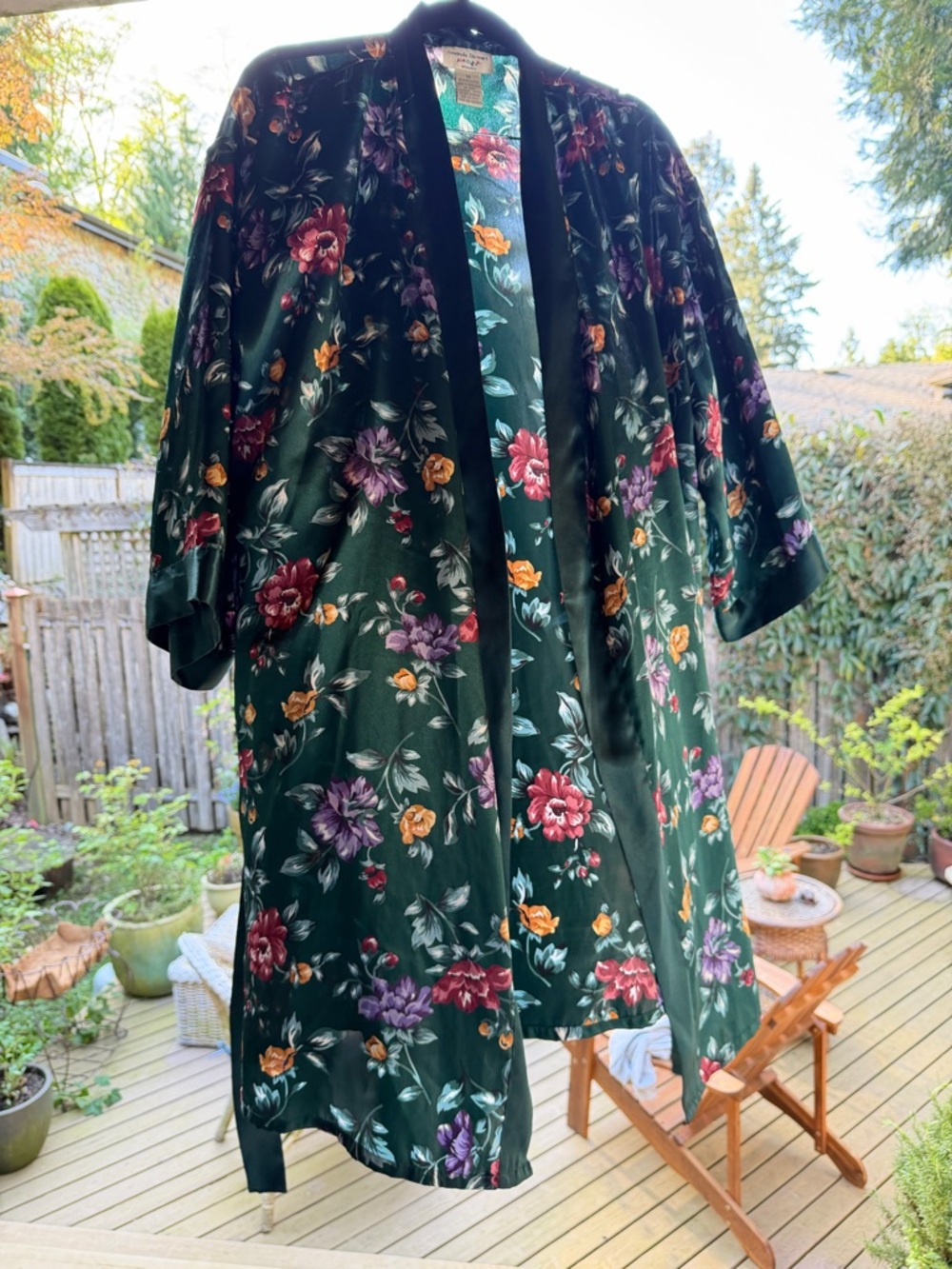 Vintage Floral Satin Kimono Robe - Dark Green with Multi-Color Flowers